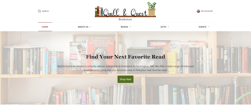 Quill & Quest Bookstore homepage: hero section with Find Your Next Favorite Read and Shop Now button, blurred bookshelf background